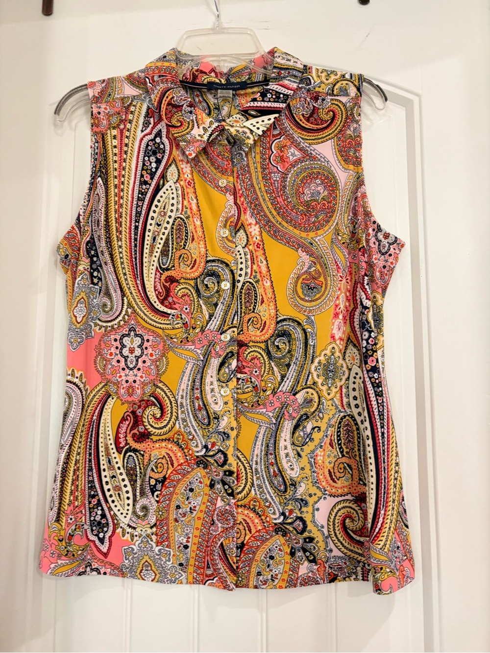Tommy Hilfiger Sleeveless Paisley Button-Front Blouse - Yellow/Pink/Black